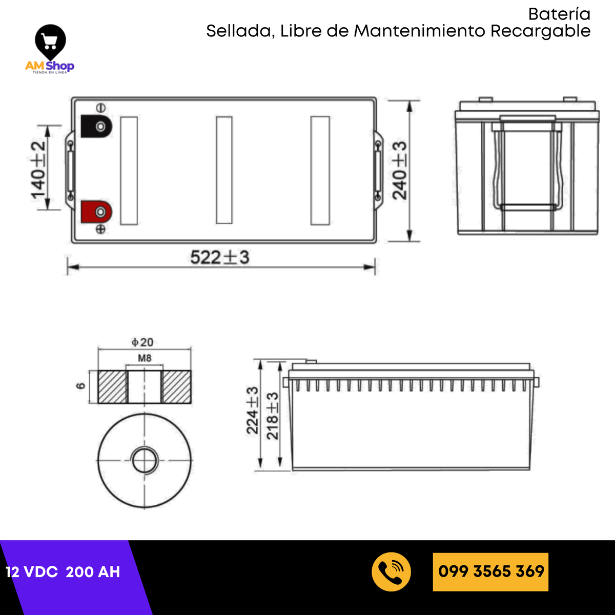 Bateria Sellada Seca 12Vdc 200AH 10 Años de vida util